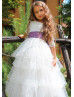 Ivory Lace Tulle Tiered Flower Girl Dress With Purple Belt